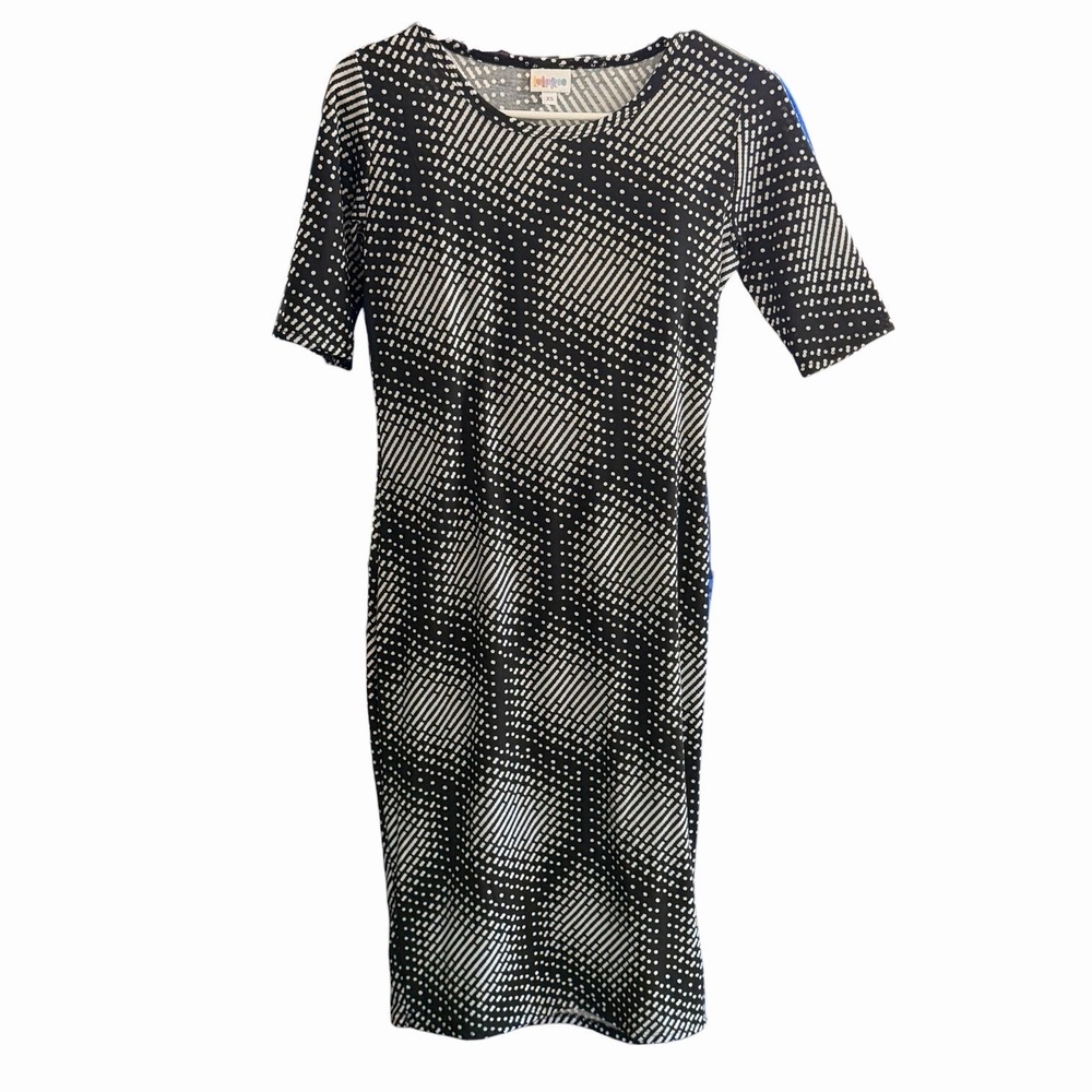 LuLaRoe Julia Dress Womens XS Black White Geometric Dot Sheath Elbow Sleeve